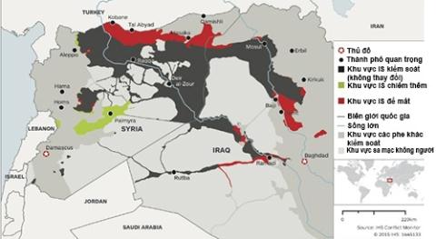 Diện tích Nhà nước Hồi giáo kiểm soát trong năm 2015. Đồ họa: IHS Janes. 