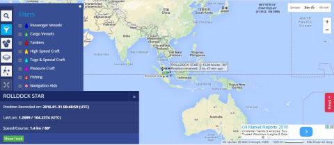 
Hải trình tàu ngầm Đà Nẵng trên tàu hàng Rolldock Star. Ảnh: MarineTraffic
