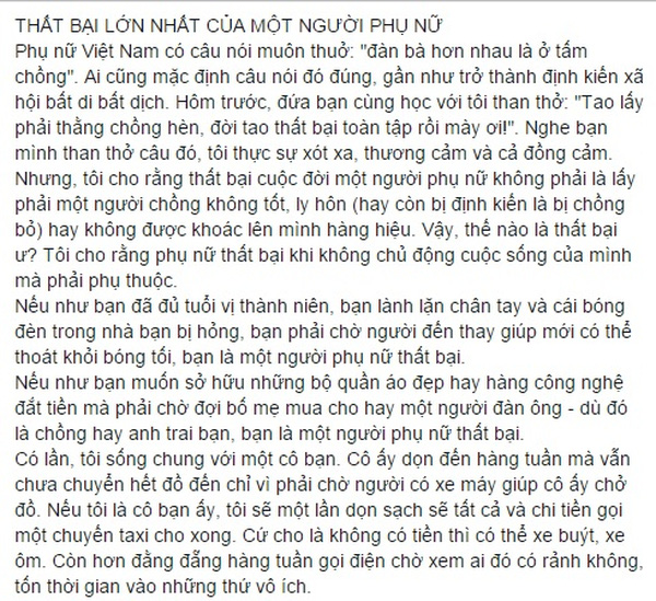 Bài viết Thất bại lớn nhất của phụ nữ với lượng chia sẻ đông đảo của cư dân mạng.