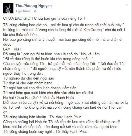 
Thu Phương cho rằng nhiều ca sĩ hát hit của cô nhưng nữ ca sĩ lại cảm thấy hạnh phúc chứ không suy nghĩ nhiều
