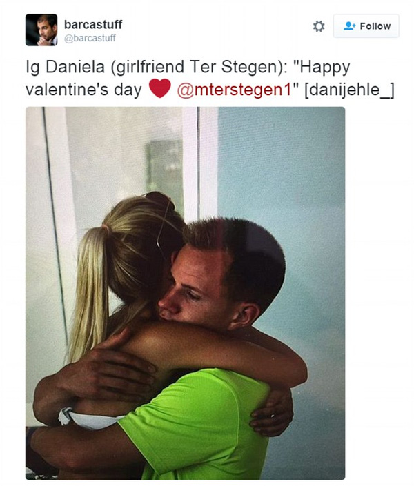 Thủ thành Marc-Andre ter Stegen (Barcelona) đăng khoảnh khắc ngọt ngào bên một nửa yêu thương Daniela Jehle.