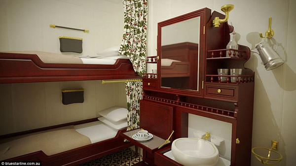 
Buồng ngủ của vé hạng hai với giường tầng gỗ, tủ để đồ cùng bồn rửa mặt, có sức chứa tới 4 người.
