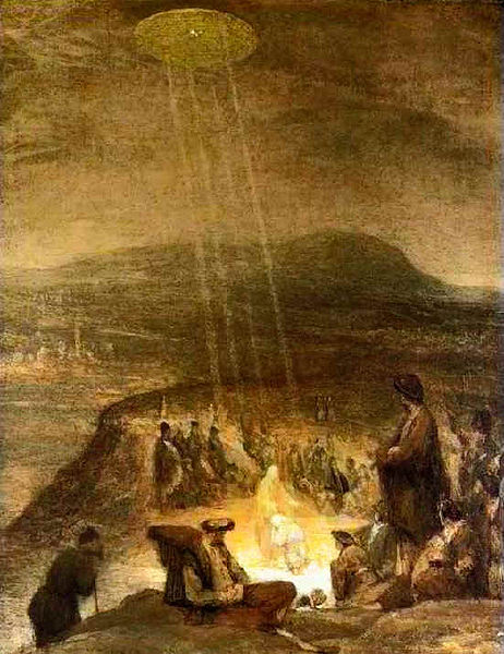 
Bức họa cho thấy rõ ức họa này có hình đĩa bay kỳ lạ chiếu tia sáng xuống đầu Chúa Jesus.
