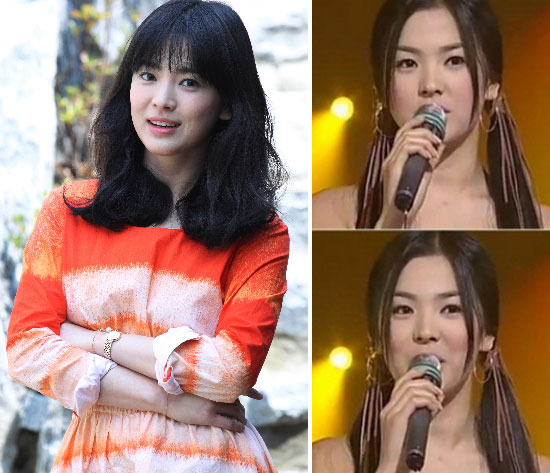 
Song Hye Kyo quê mùa khi làm MC trong Music Bank.
