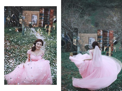 Cô dâu Trịnh Huyền cho hay, bộ ảnh được hoàn thành gấp rút trong thời gian 2 ngày với khung cảnh tuyệt đẹp giữa rừng mơ mận, cánh đồng hoa cải trắng