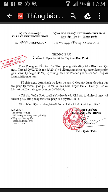 Công văn hỏa tốc của Bộ NNPTNT thông báo ý kiến chỉ đạo của Bộ trưởng Cao Đức Phát về vụ việc.