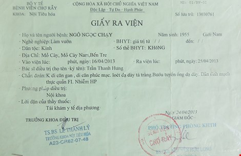 Giấy ra viện của BV Chợ Rẫy (ngày 24-4-2013) kết luận ông Chạy bị ung thư gan di căn… Ảnh: T.PHÚC