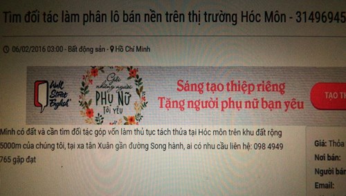 
Mời gọi qua mạng góp vốn phân nền đất ở huyện Hóc Môn.
