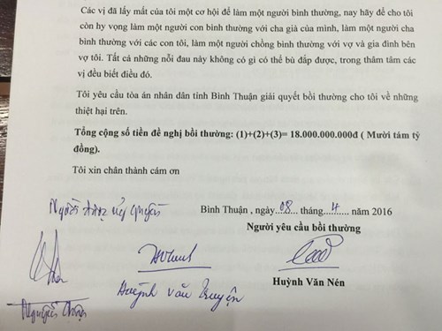 
Đơn yêu cầu bồi thường của ông Nén cho thấy số tiền được ông đưa ra là 18 tỷ đồng.
