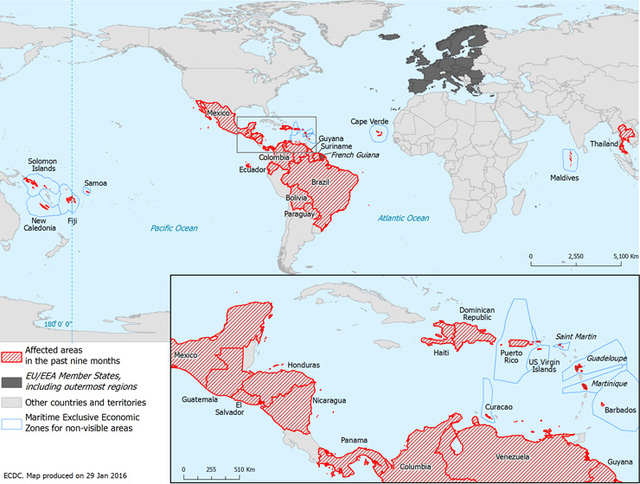 Những nước có bệnh nhân chẩn đoán lây nhiễm virus Zika trong 9 tháng qua (màu đỏ)