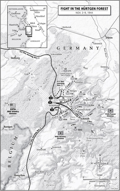 
Bản đồ khu vực rừng Hurtgen và các mũi tấn công của quân đội Mỹ
