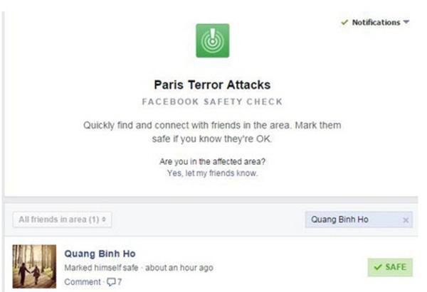 Tính năng thông báo an toàn của Facebook trong vụ khủng bố Paris.