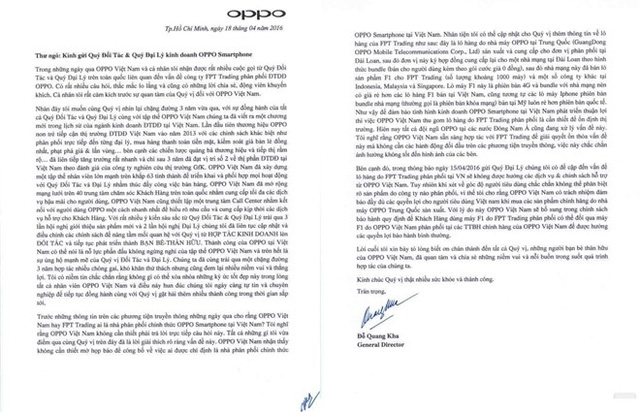 
Bức thư Oppo Việt Nam gửi tới các đại lý
