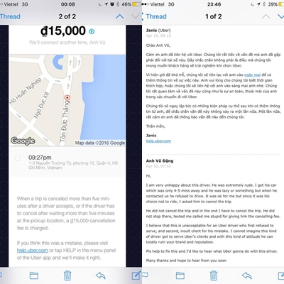 Email hủy chuyến và email phản hồi về thái độ của tài xế với hãng Uber từ Dino Vũ.
