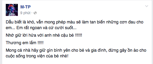 
Sơn Tùng chia sẻ trên Facebook ngay sau khi trở về từ chuyến thăm bé Minh tại viện K3.
