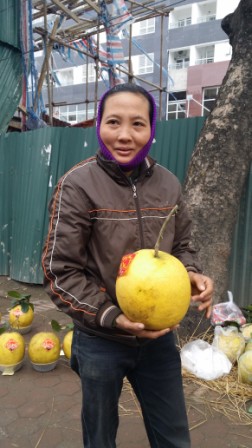 
Cô Nguyễn Thị Hồng đang giới thiệu về loại bưởi khủng cho khách hàng
