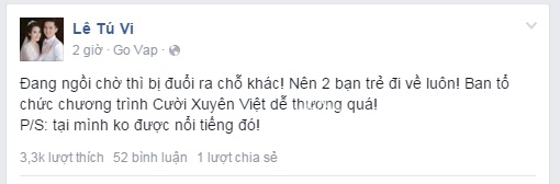 
Tú Vi nói rằng mình đã bị đuổi khỏi ra hàng ghế khác.
