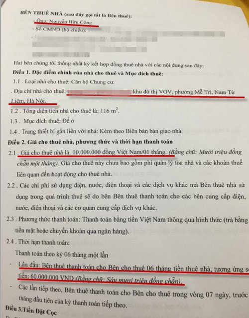 Hợp đồng thuê nhà của Hữu Công - người yêu Linh Miu với ban quản lý tòa nhà tại khu đô thị Mễ Trì