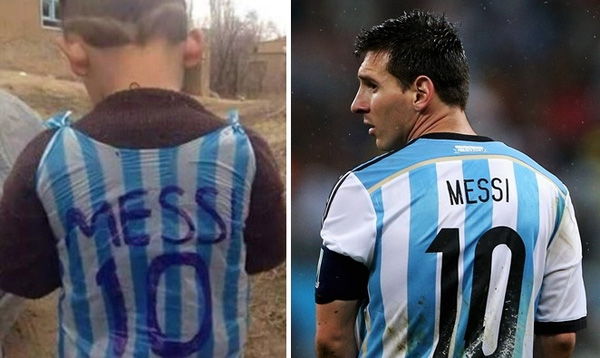 Chiếc áo đấu của Messi được cậu bé chế từ túi linon đựng rác.