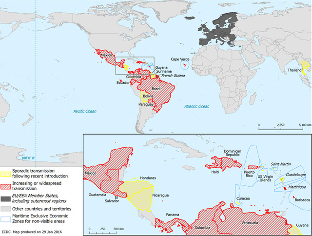 Những vùng đang bị lây lan mạnh virus Zika (màu đỏ) và lây lan rải rác (màu vàng) trong 2 tháng qua.