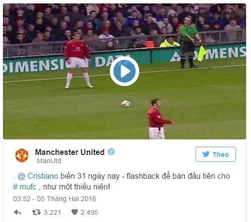 
Cũng trên Twitter, Man United đăng tải lại bàn thắng đầu tiên Ronaldo ghi cho Quỷ đỏ.
