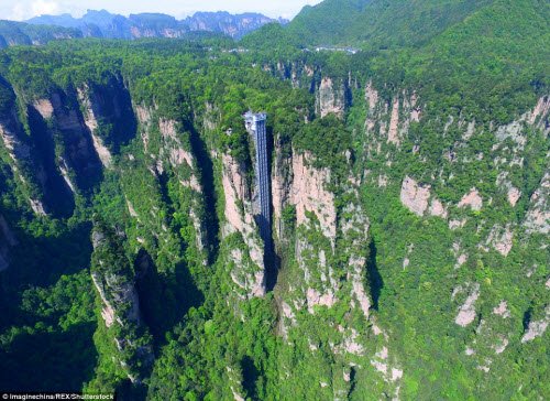 
Từ trên đỉnh thang máy cao 362, du khách có thể chiêm ngưỡng toàn cảnh những cột đá khổng lồ giữa bạt ngàn cây xanh trong vườn quốc gia Trương Gia Giới.
