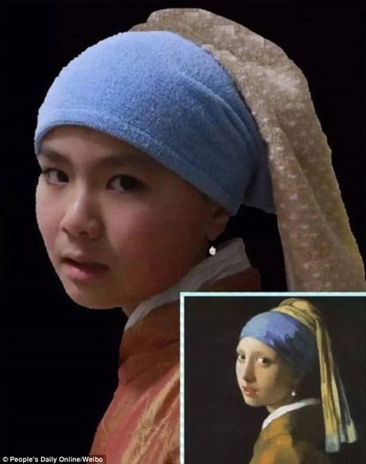 
Bức tranh “Cô gái đeo hoa tai ngọc trai” của danh họa Vermeer được tái hiện khá dễ thương. (Ảnh: China Daily)
