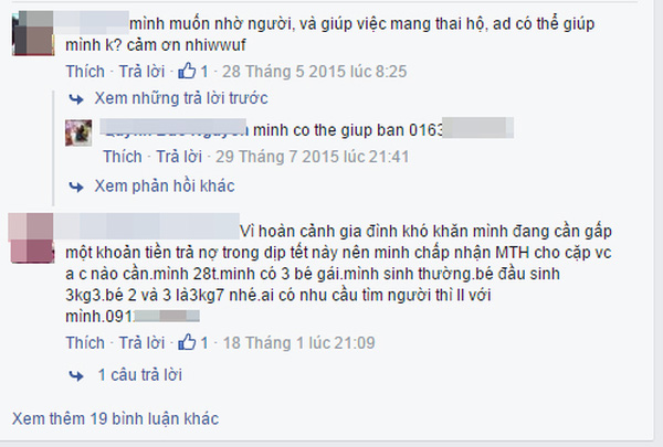 
Một trong số những lời bình về nhu cầu của người cần mang thai hộ và người sẵn sàng mang thai hộ để lấy tiền
