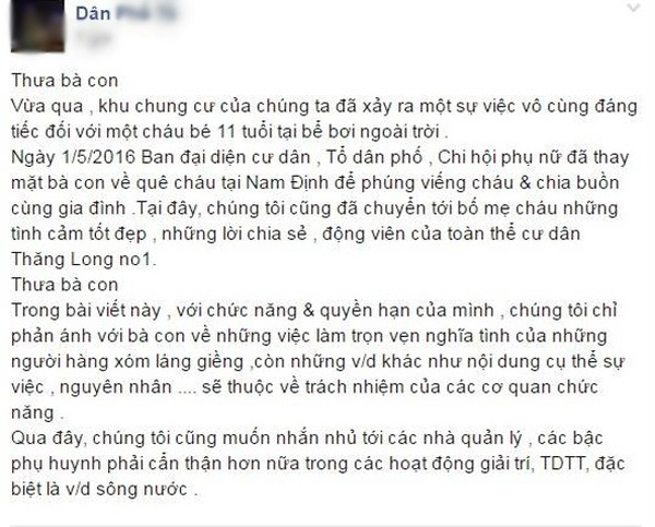 
Thông báo của tổ dân phố trên group của cư dân của tòa nhà.
