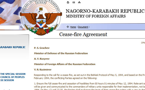 Thỏa thuận ngừng bắn năm 1994 được đăng tải trên trang web của “Bộ Ngoại giao” nước “Cộng hòa Nagorno-Karabakh” tự xưng (ảnh chụp màn hình).