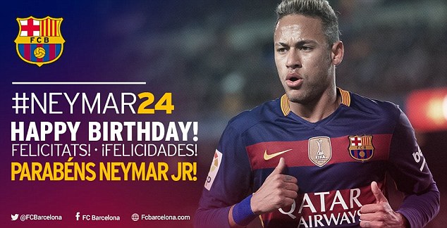 
Barca làm poster trên Twitter chúc mừng sinh nhật Neymar.
