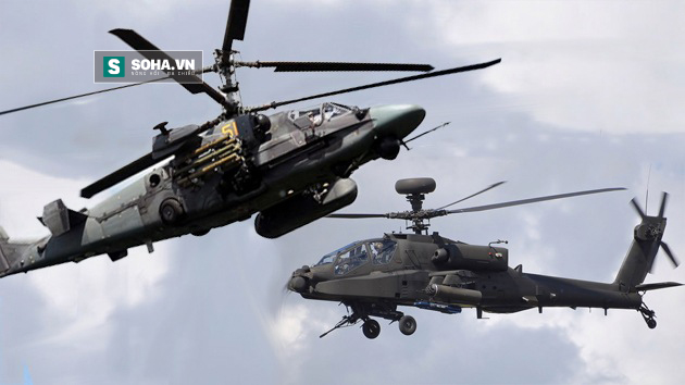 
Trực thăng tiến công Ka-52 của Nga (trên) và AH-64 Apache của Mỹ.
