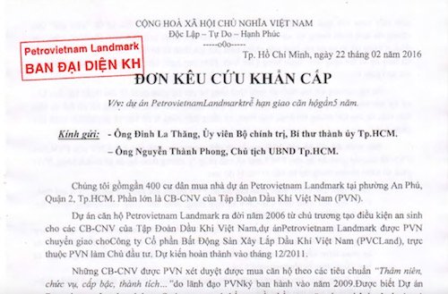 
Lá đơn cầu cứu của gần 400 gia đình mua căn hộ PetroVietnam Landmark.
