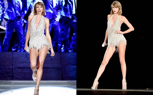 
Tại 1989 Tour, Taylor Swift gợi cảm với những bộ bodysuit được đính sequin top-to-toe. Đôi chân dài thẳng tắp của cô nàng được khoe triệt để.
