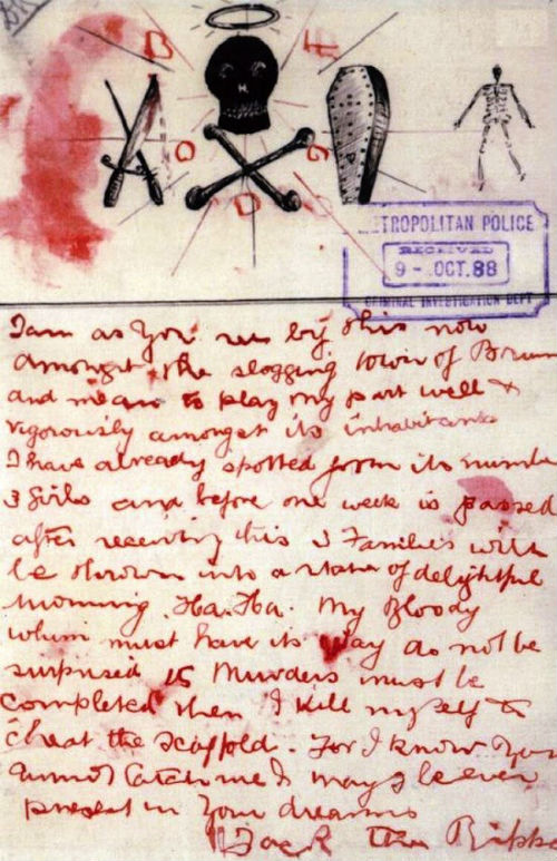 
Bức thư thách thức viết bằng máu mà Jack Đồ tể gửi cho cảnh sát.
