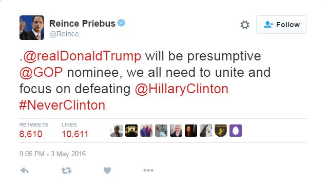 
Donald Trump sẽ là ứng viên đại diện (chưa chính thức) của đảng Cộng hòa, chúng ta cần đoàn kết và cùng nhau tập trung đánh bại Hillary Clinton - ông Priebus viết.
