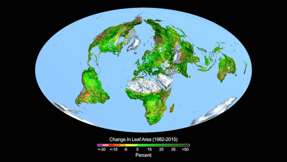 
Hình ảnh chụp từ vệ tinh cho thấy bề mặt Trái Đất xanh hơn nhờ khí thải CO2.
