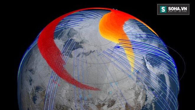 
Hình ảnh bụi khí chuyển động (màu đỏ) trên bầu khí quyển sau 4 ngày thiên thạch Chelyabinsk phát nổ. Ảnh: NASA.
