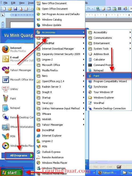 Mở công cụ Paint trên Windows XP.