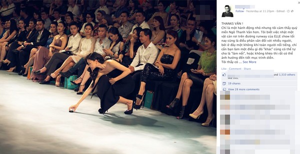 
Ngô Thanh Vân cũng từng được khen ngợi nhờ hành động cúi xuống nhặt gót giầy hộ người mẫu.
