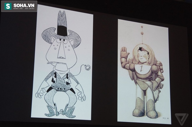 Bản phác thảo đầu tiên của cặp đôi nhân vật chính Woody (trái) và Buzz Lightyear.