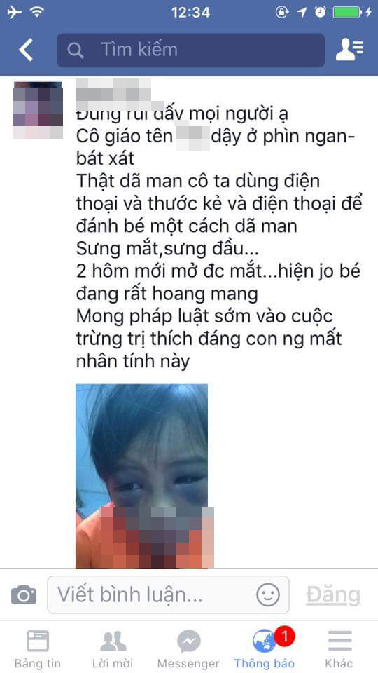 
Một người dùng facebook bình luận về hình ảnh cháu bé bị đánh trên mạng xã hội.
