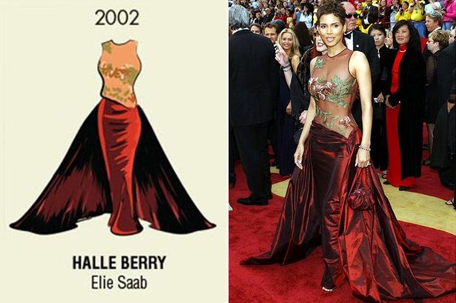 
Halle Berry nổi bật và sang chảnh trong thiết kế của Elie Saab nhận giải cho vai chính trong phim Monster’s Ball tại Oscar 2002.
