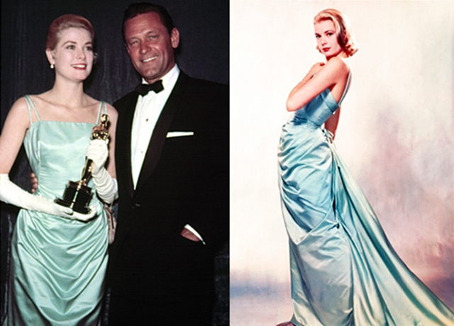 
Chiếc váy xanh nhạt của Grace Kelly diện trên thảm đỏ Oscar 1955 đã trở thành huyền thoại. Phần chân váy cách điệu cùng chất liệu lụa bóng quý phái lộng lẫy, nhiều người đánh giá đây là chiếc váy dạ hội vượt thời gian.
