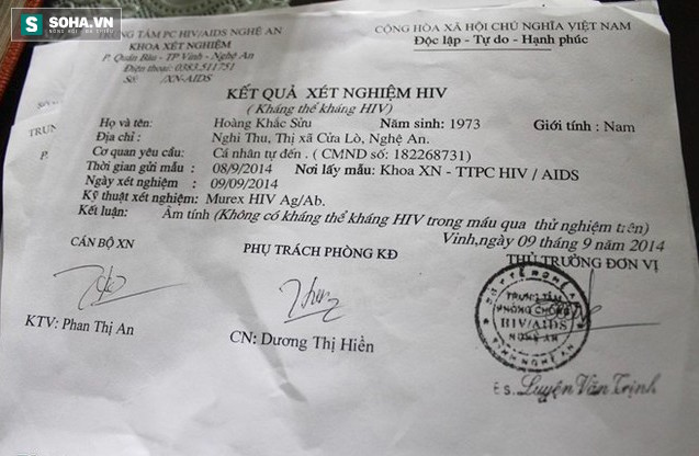 Kết quả âm tính khi anh Sửu tự đi xét nghiệm HIV tại Trung tâm phòng chống HIV Nghệ An.