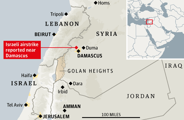 Chấm đỏ là địa điểm không quân Israel đã gửi gắm 3 quả tên lửa nhắm vào quân đội Syria. Lược đồ: DebkaFile