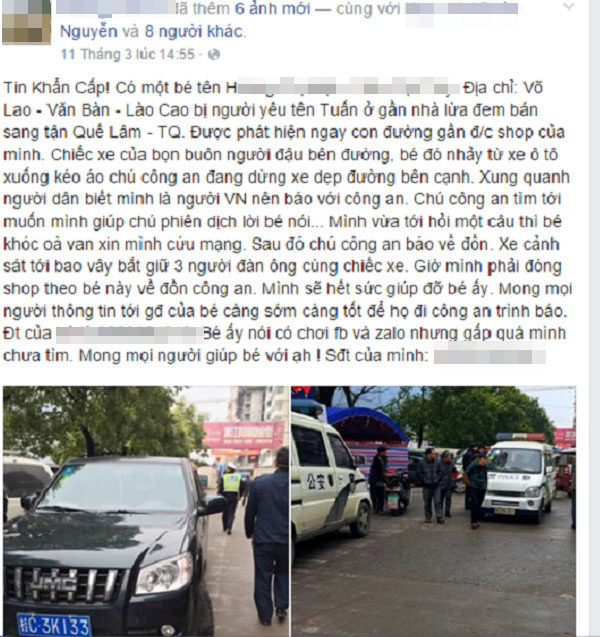 
Những dòng thông tin, hình ảnh về việc một cô gái trẻ người Việt Nam bị lừa bán sang Trung Quốc được đăng tải trên facebook cá nhân của G. T. V. (Ảnh: G. T. V.)
