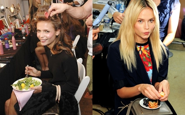 
Siêu mẫu Natasha Poly trung thành với các đĩa salad rau quả trong lúc trang điểm.
