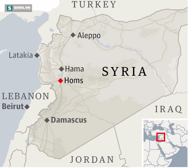 
Bản đồ Syria với địa điểm thành phố Homs
