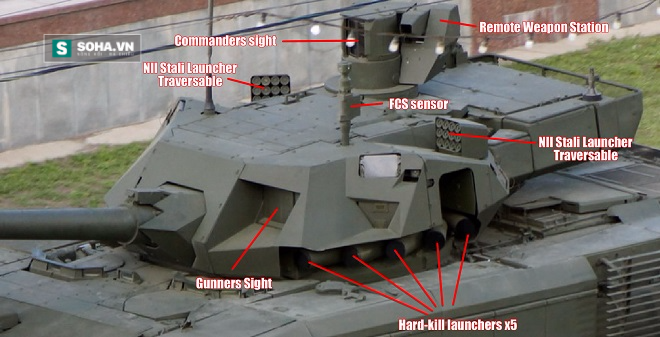 
Các hệ thống vũ khí, trang bị trên tháp pháo xe tăng T-14 Armata.
